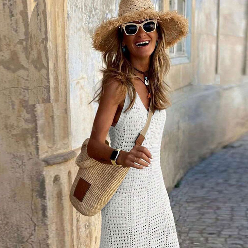 Elegant V-Neck Sleeveless Crochet Knit Maxi Dress