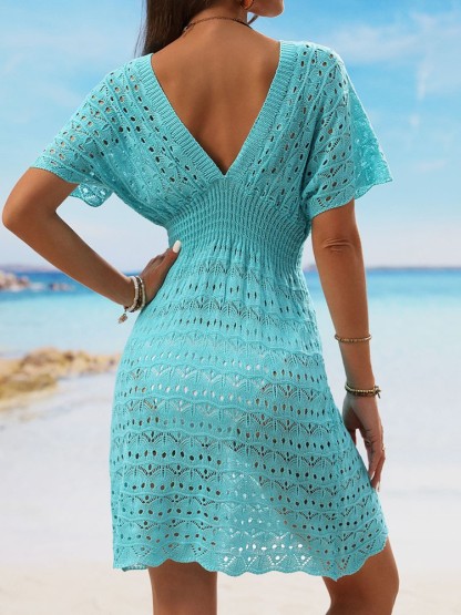 Boho Crochet Knit V-Neck Cinched Waist Mini Cover-Up Dress