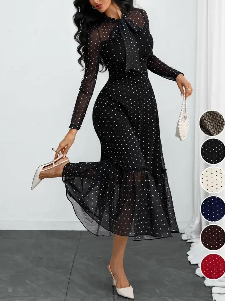 Elegant Polka Dot Bow Neck Mesh Dress (Buy 2 Free Shipping)