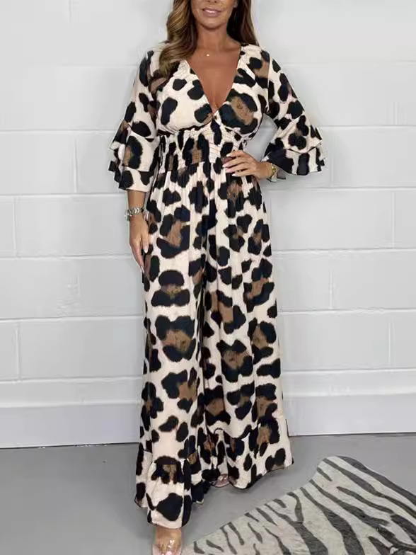  Leopard Print Wide-Leg Jumpsuit with Ruffle Sleeves (Buy 2 Free Shipping)