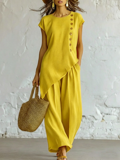 Elegant Asymmetric Button Detail Two-Piece Set (Buy 2 Free Shipping)