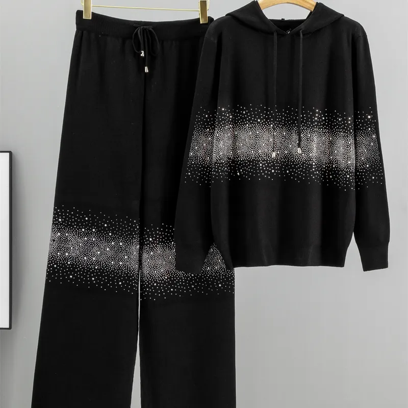 Elegant Gradient Sparkle Rhinestone Hoodie & Wide-Leg Pants Set (Buy 2 Free Shipping)