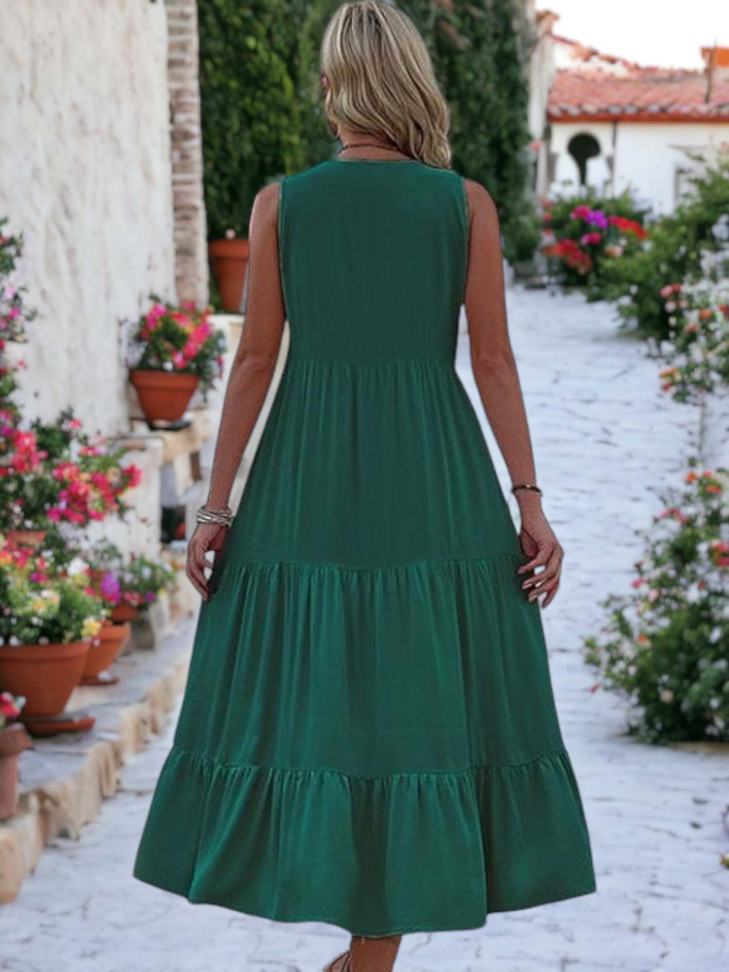 V-Neck Button Detailed Boho Midi Ruffle Dress For Women