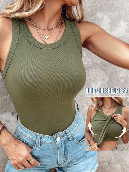 Last Day Promotion🔥Round Neck Built-in Bra Ribbed Tank Top(Buy 2 Free Shipping)