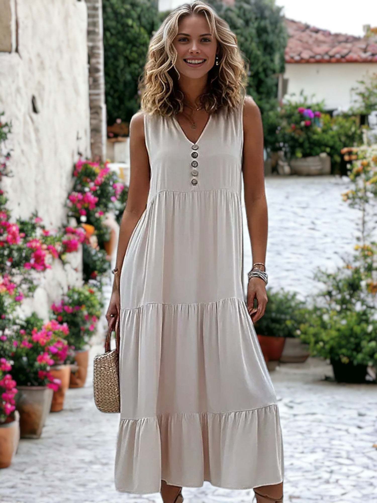 V-Neck Button Detailed Boho Midi Ruffle Dress For Women