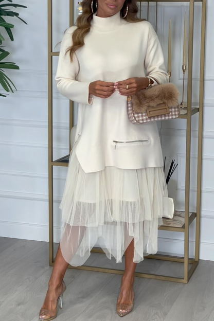 Knit Turtleneck Zip-up Top and Elastic Waist Tulle Loose Midi Skirt Set