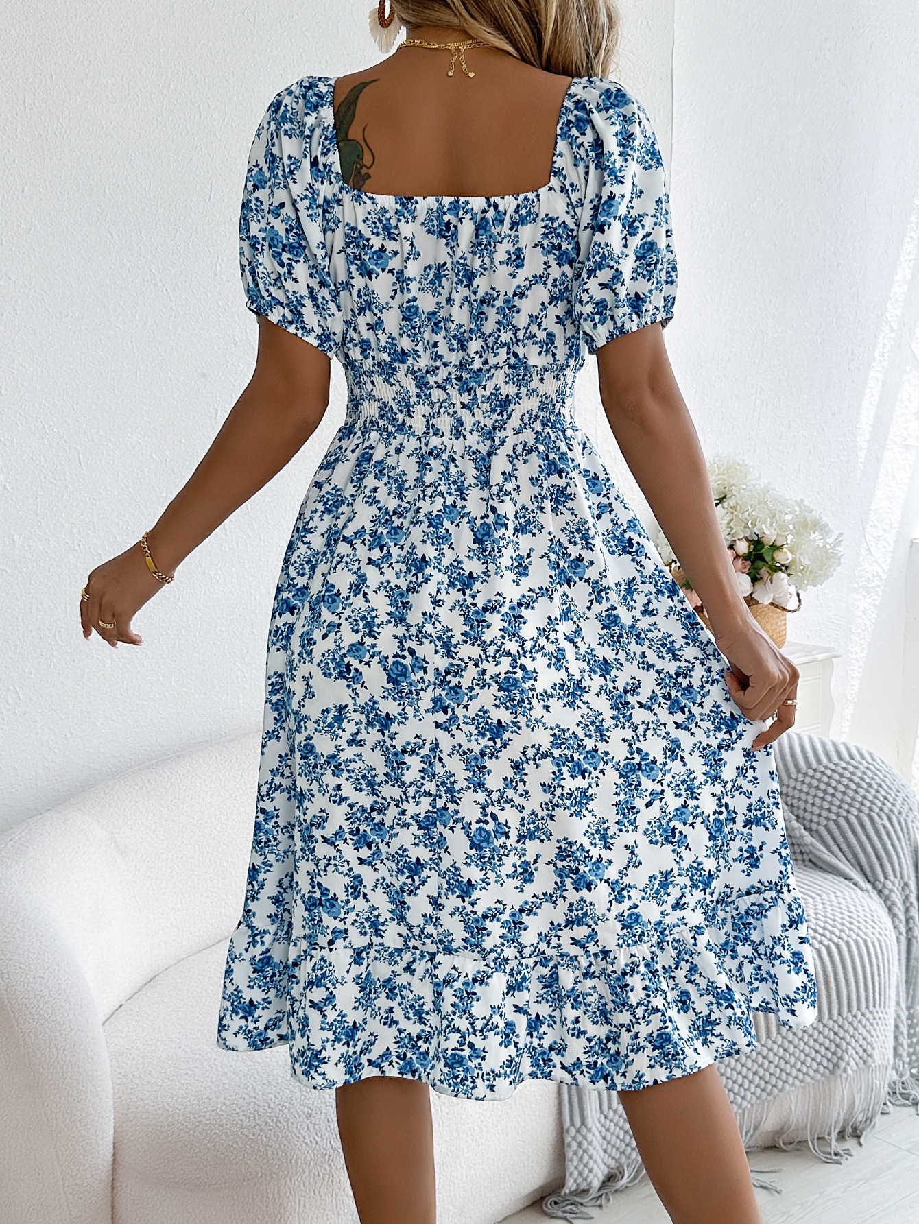 Elegant Floral Square Neck Smocked Waist Midi Dress
