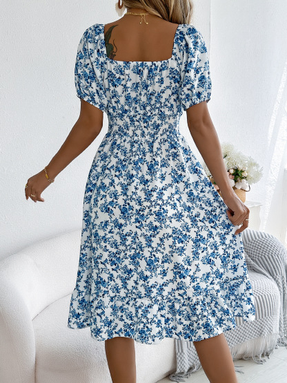 Elegant Floral Square Neck Smocked Waist Midi Dress