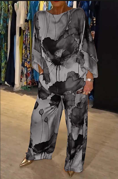 Watercolor Floral Wide-Leg Two-Piece Set (Buy 2 Free Shipping)