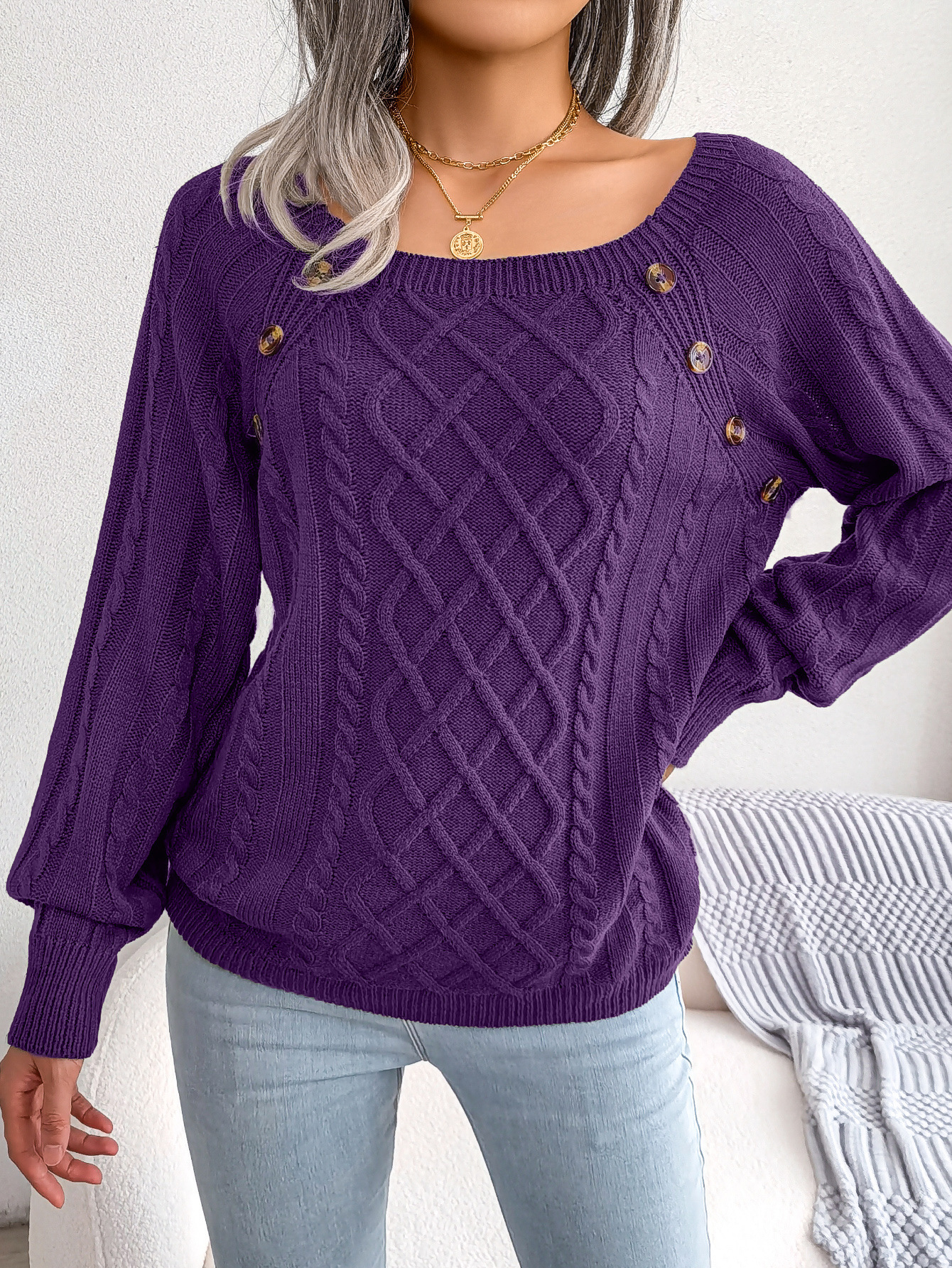 Textured Cable Knit Button Detail Relaxed Fit Sweater