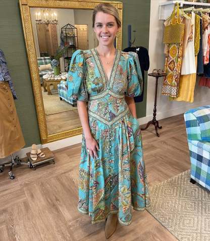 Unique Print Button Puff Sleeve Pocket Maxi Dress (Buy 2 Free Shipping)