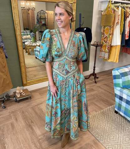 Unique Print Button Puff Sleeve Pocket Maxi Dress (Buy 2 Free Shipping)