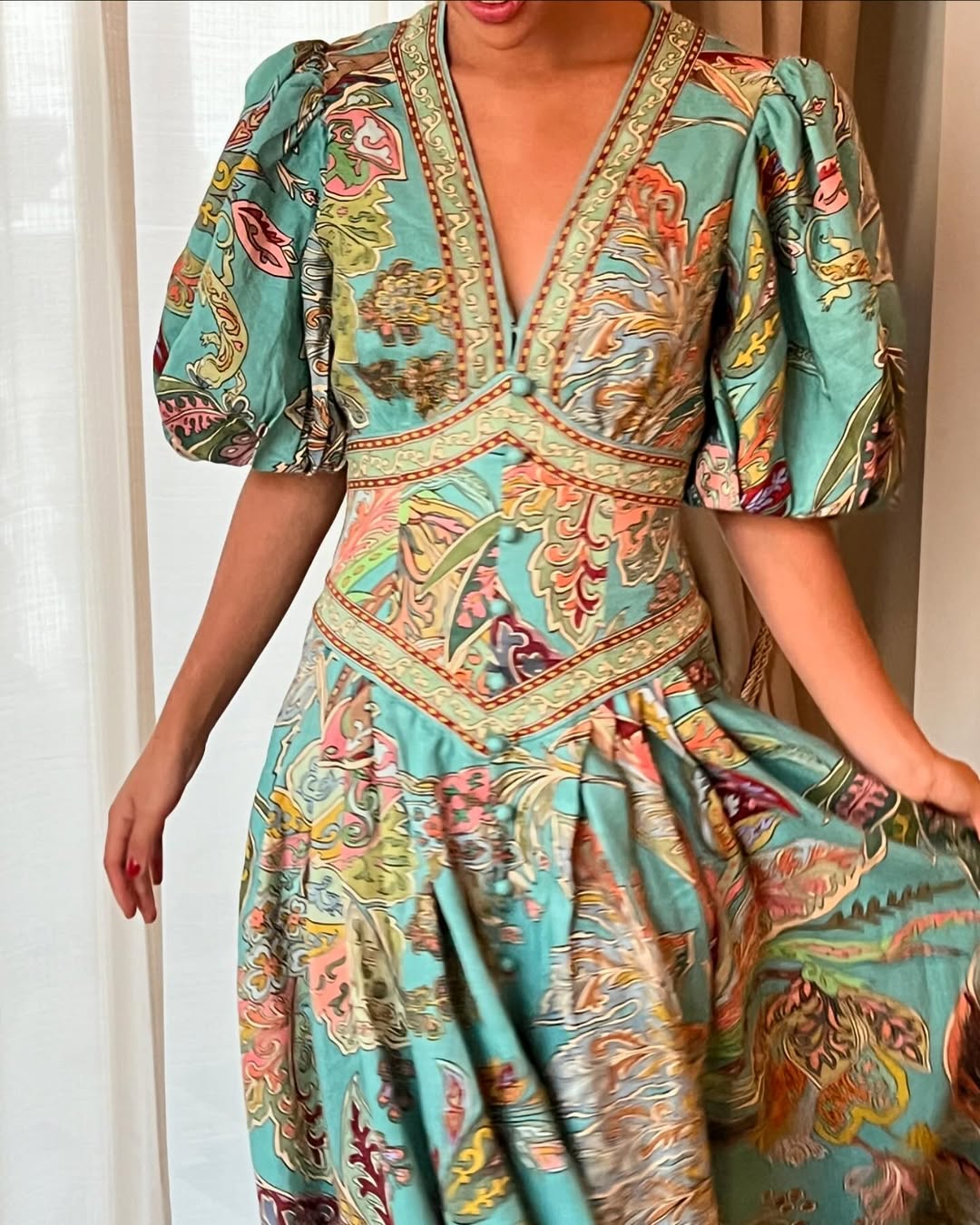 Unique Print Button Puff Sleeve Pocket Maxi Dress (Buy 2 Free Shipping)