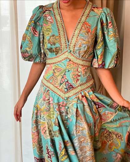 Unique Print Button Puff Sleeve Pocket Maxi Dress (Buy 2 Free Shipping)