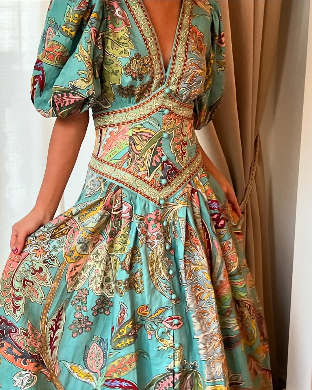 Unique Print Button Puff Sleeve Pocket Maxi Dress (Buy 2 Free Shipping)