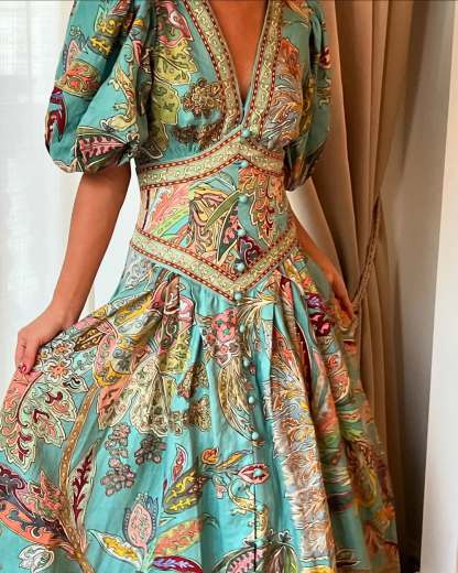 Unique Print Button Puff Sleeve Pocket Maxi Dress (Buy 2 Free Shipping)