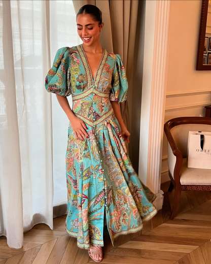 Unique Print Button Puff Sleeve Pocket Maxi Dress (Buy 2 Free Shipping)