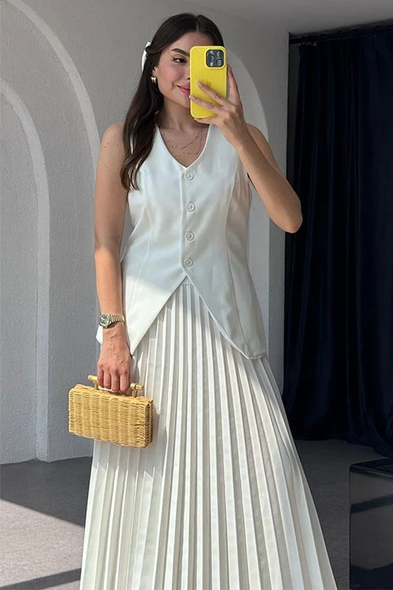 V Neck Button Up Slit Vest Pleated Maxi Skirt Matching Set (Buy 2 Free Shipping)