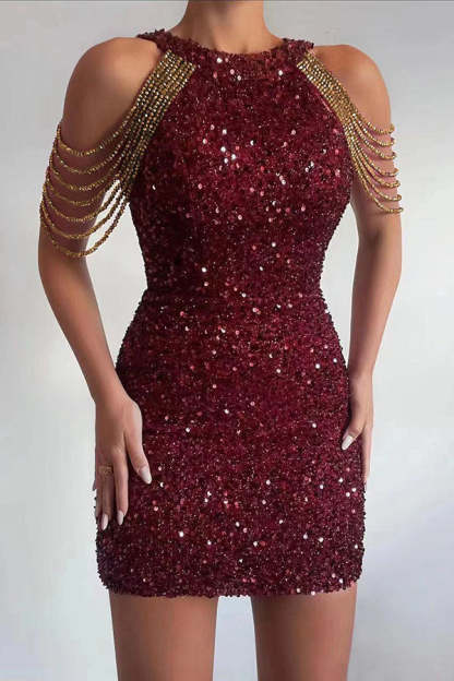 Looking At The Glamorous View Sequin Tassel Shoulder Cocktail Mini Dress 