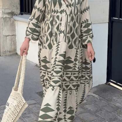 []Geometric Print Boho Tiered Maxi Dress
