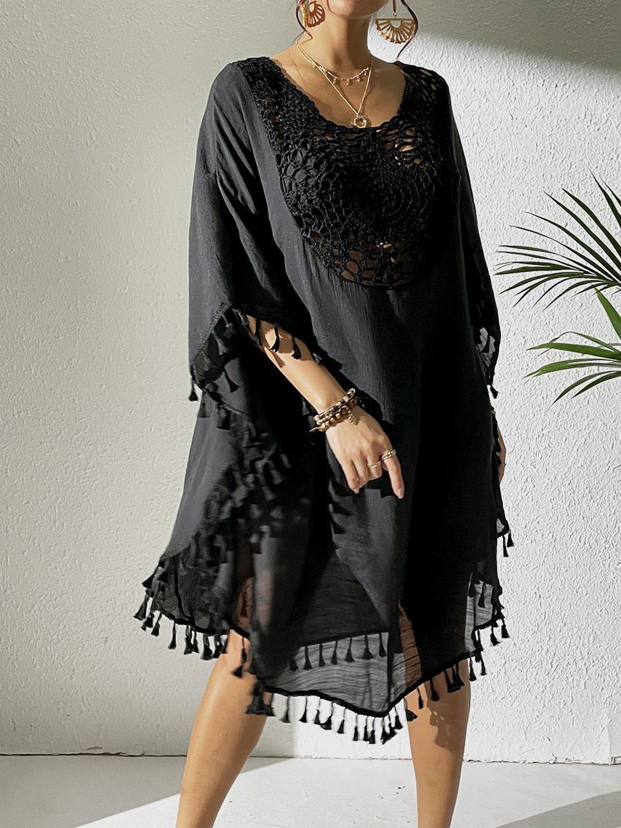Boho Tassel Trim Crochet Yoke Loose Kaftan Dress