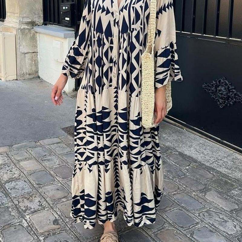 []Geometric Print Boho Tiered Maxi Dress