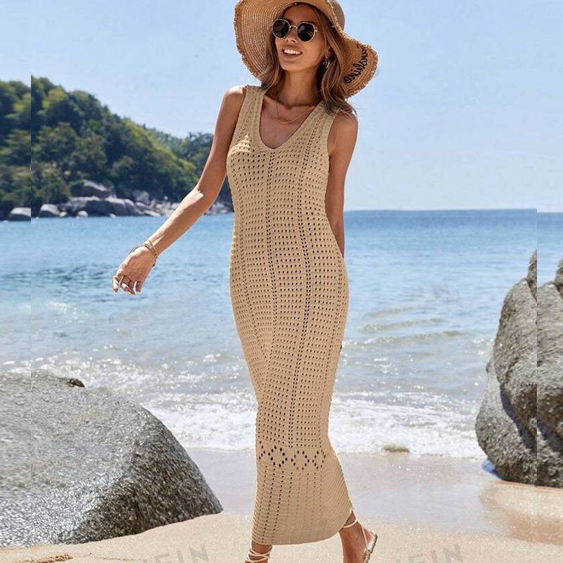 Elegant V-Neck Sleeveless Crochet Knit Maxi Dress