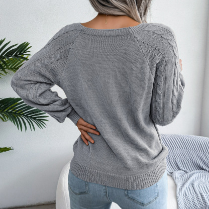Textured Cable Knit Button Detail Relaxed Fit Sweater