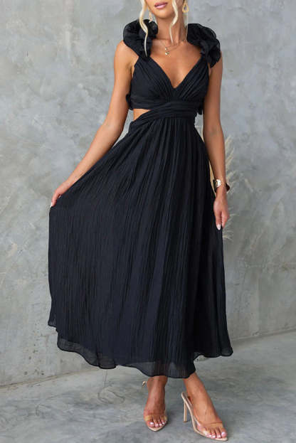 Floral Ruffle Detail Back Lace-up Elastic Waist Maxi Dress