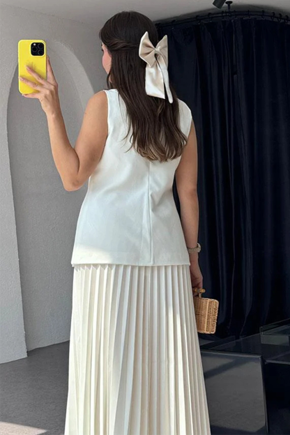 V Neck Button Up Slit Vest Pleated Maxi Skirt Matching Set (Buy 2 Free Shipping)