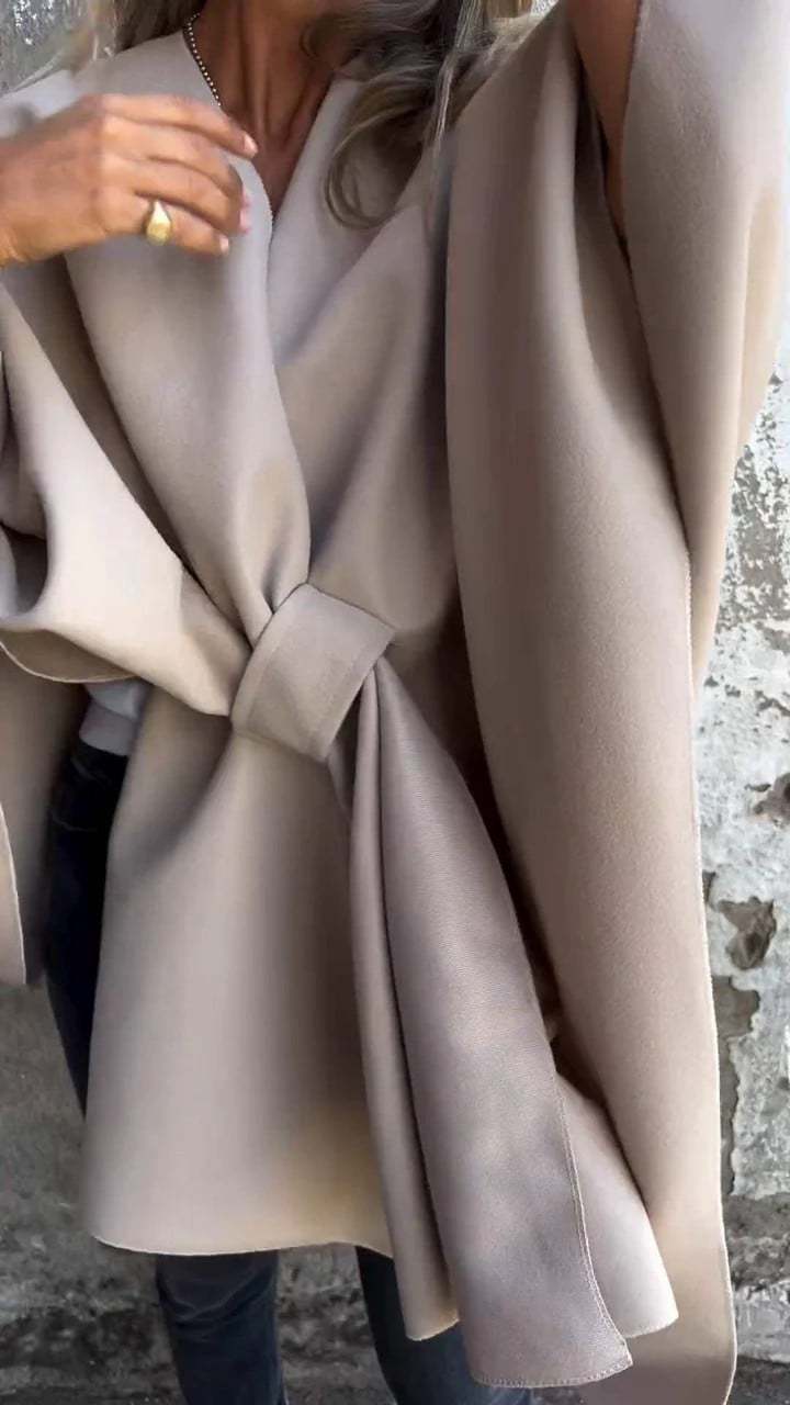 Minimalist Wool Blend Wrap Cape Coat with Inserted Front Detail (Buy 2 Free Shipping)