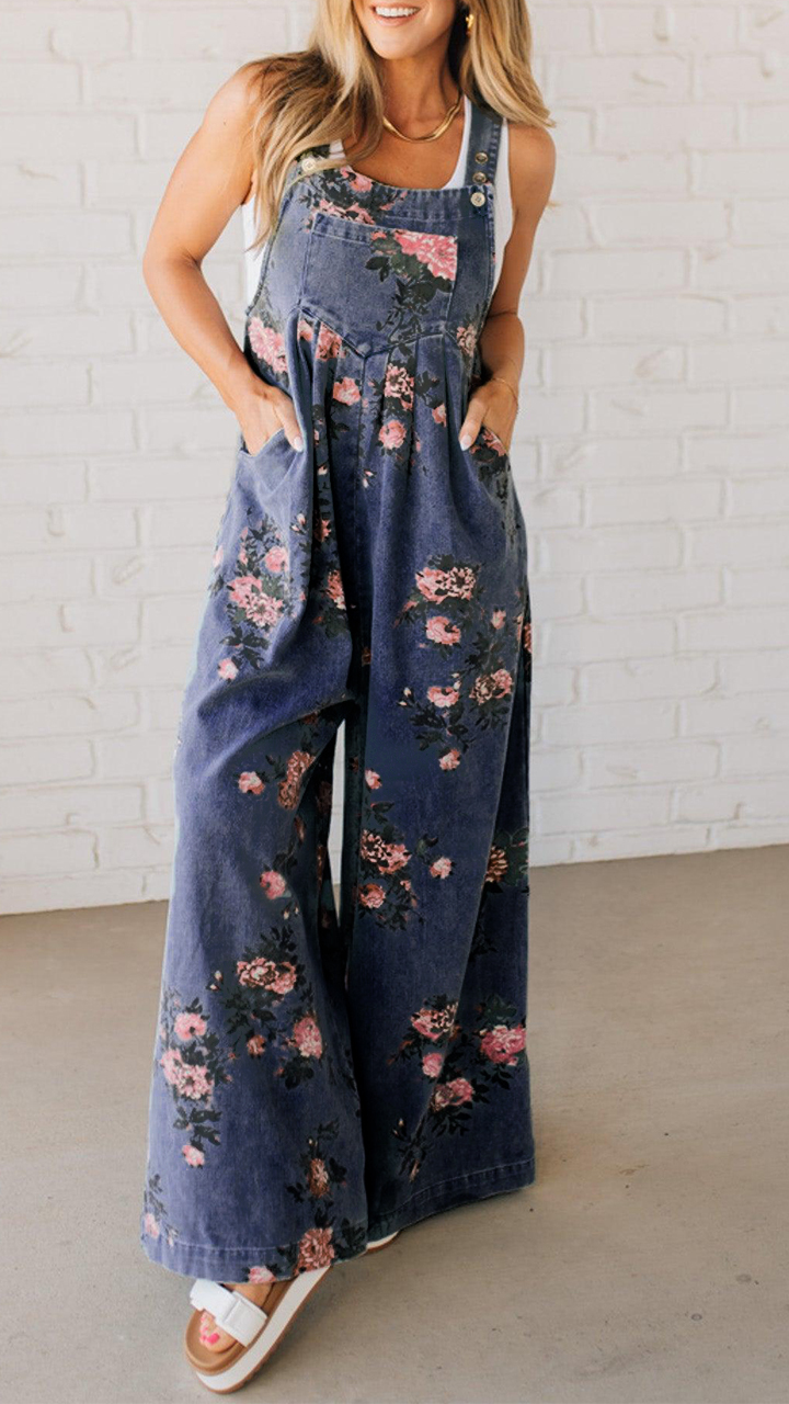 Floral Denim Overalls with Wide-Leg Fit