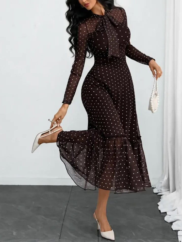 Elegant Polka Dot Bow Neck Mesh Dress (Buy 2 Free Shipping)