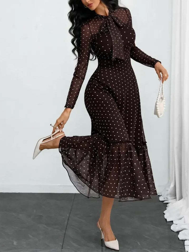 Elegant Polka Dot Bow Neck Mesh Dress (Buy 2 Free Shipping)
