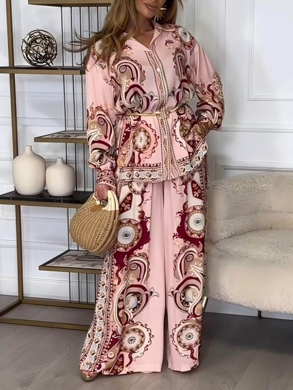 Unique Satin Pattern Print Button-Down Loose Set