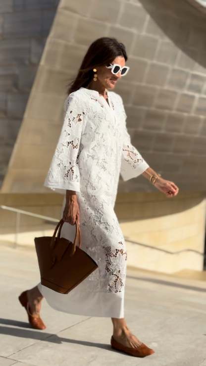  Flower Lace Bell Sleeve Loose Midi Dress (Buy 2 Free Shipping)