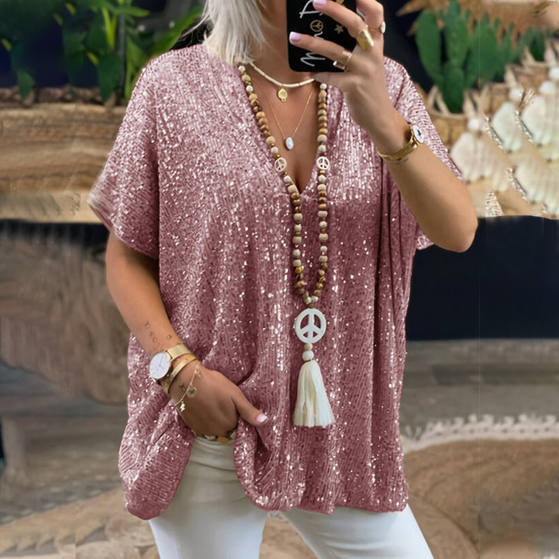 Relaxed Sequin V-Neck Short Sleeve Blouse (Buy 2 Free Shipping)