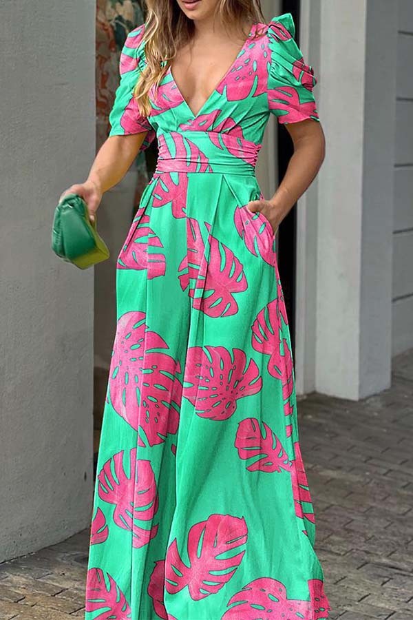 Printed Puff Sleeve Pocketed Wide Leg Jumpsuit (Buy 2 Free Shipping)
