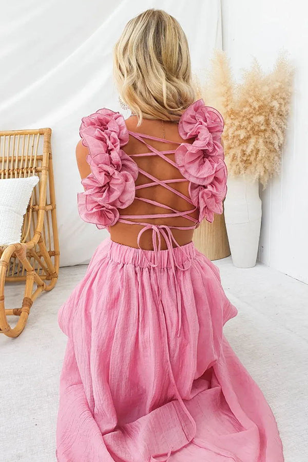 Floral Ruffle Detail Back Lace-up Elastic Waist Maxi Dress
