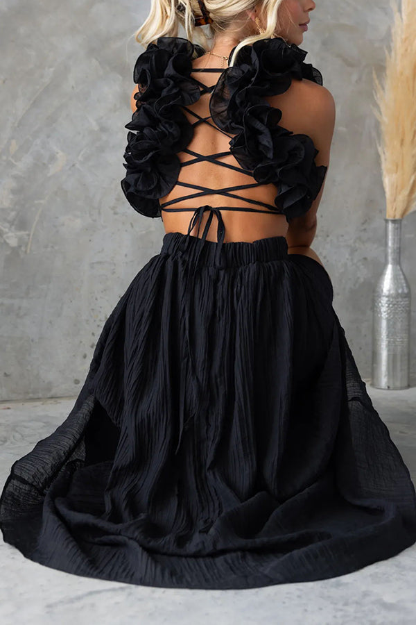 Floral Ruffle Detail Back Lace-up Elastic Waist Maxi Dress