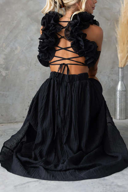 Floral Ruffle Detail Back Lace-up Elastic Waist Maxi Dress