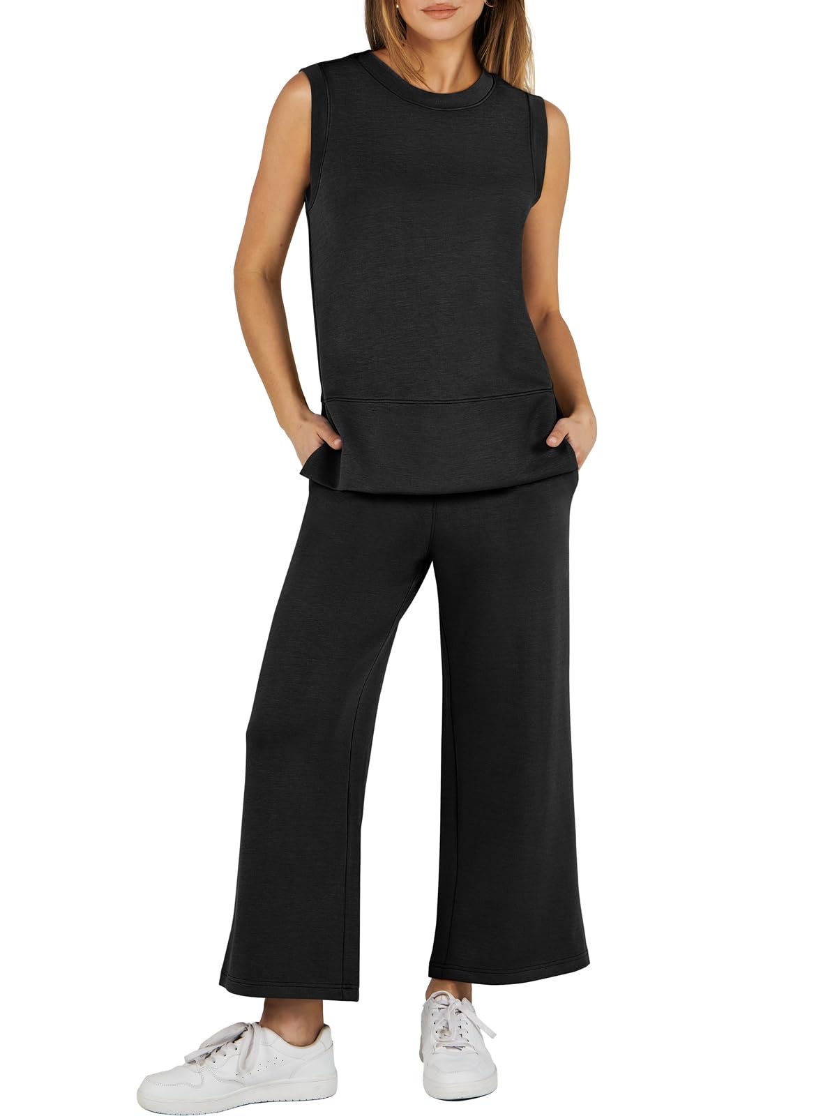 Last Day Promotion🔥Sleeveless Slit Hem Wide Leg Suit Casual Two Piece Set