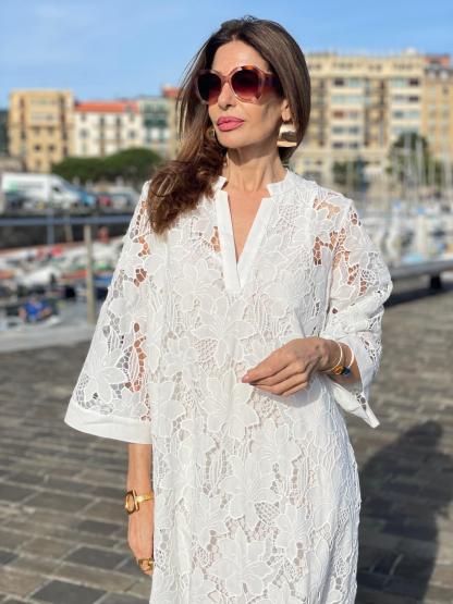  Flower Lace Bell Sleeve Loose Midi Dress (Buy 2 Free Shipping)