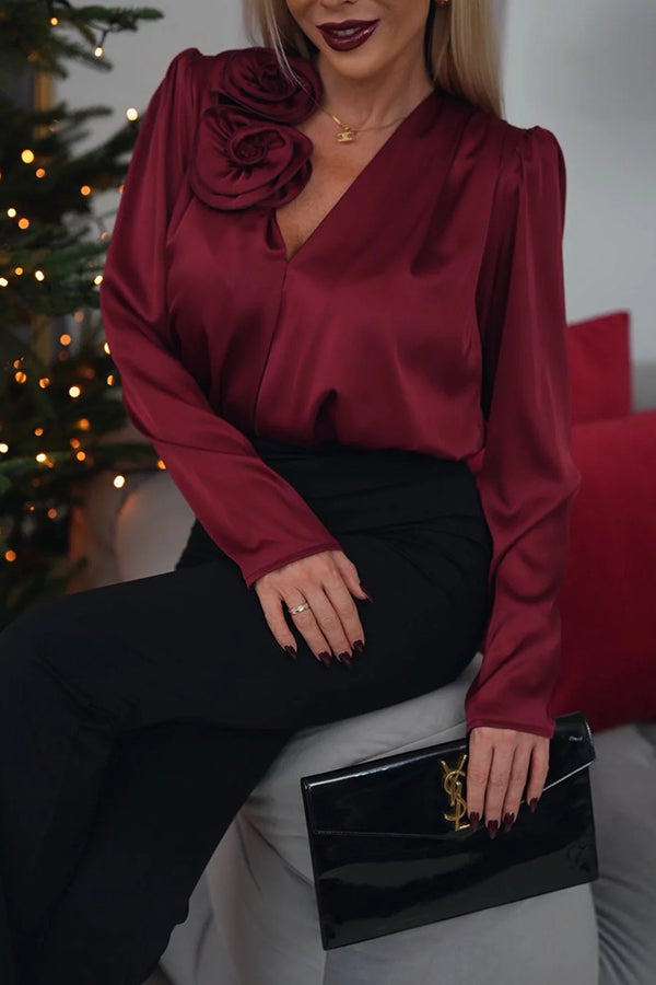Satin Rose Detail Pleated Loose Blouse (Buy 2 Free Shipping)