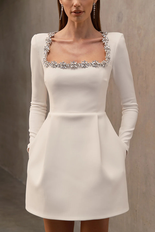 Velvet Jewel Embellished Trim Long Sleeve Pocketed Mini Dress (Buy 2 Free Shipping)