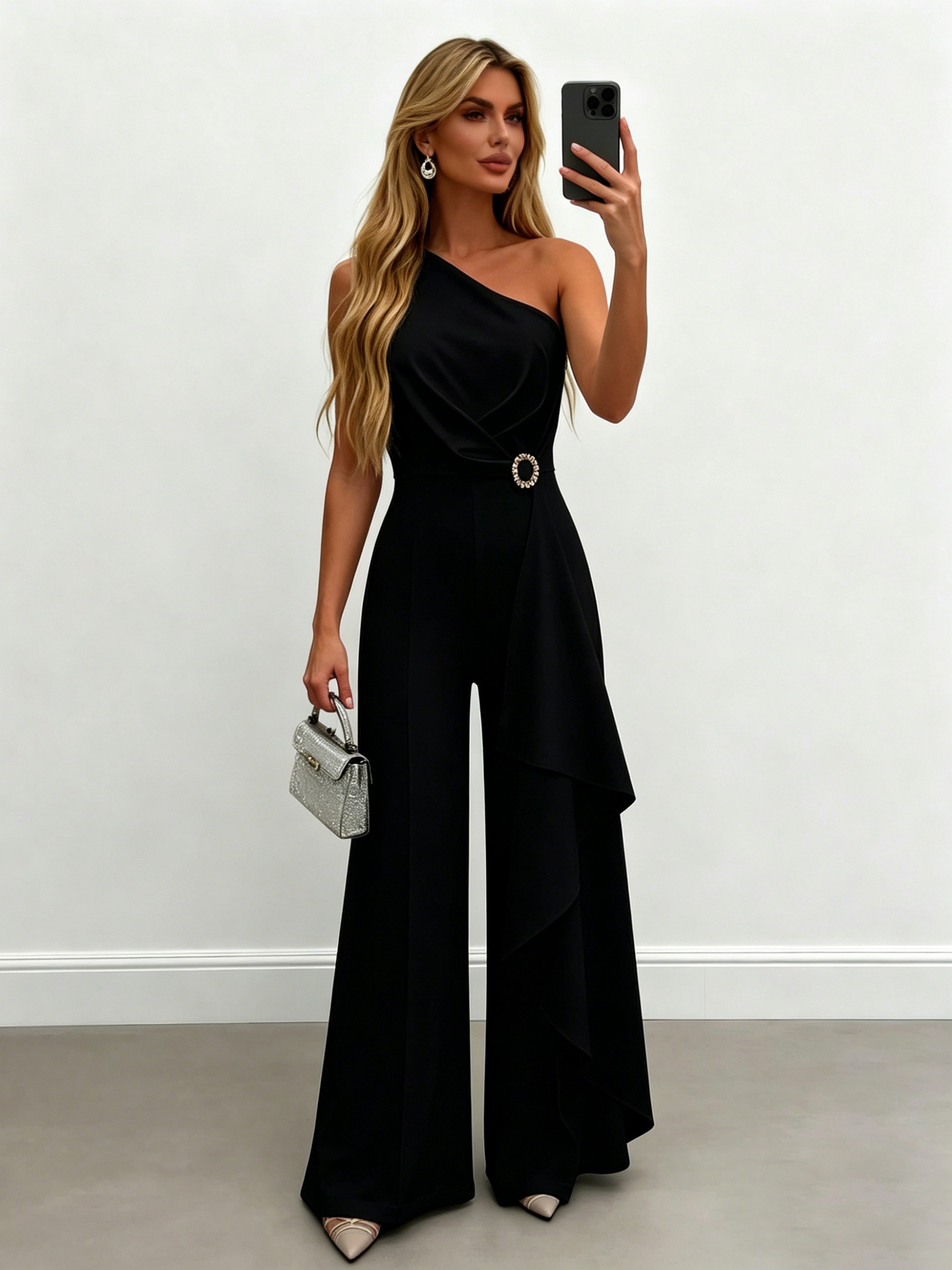 Elegant One-Shoulder Draped Wide-Leg Evening Jumpsuit