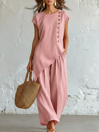 Elegant Asymmetric Button Detail Two-Piece Set (Buy 2 Free Shipping)