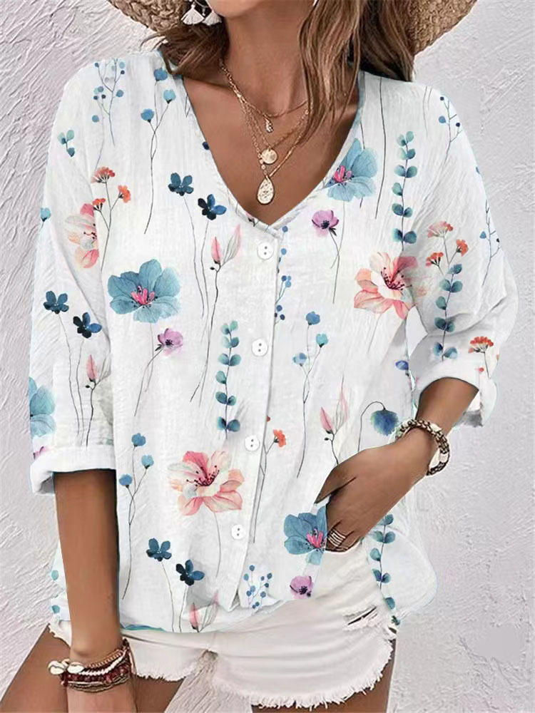 Vintage Floral Linen Button-Down Blouse with 3/4 Sleeves