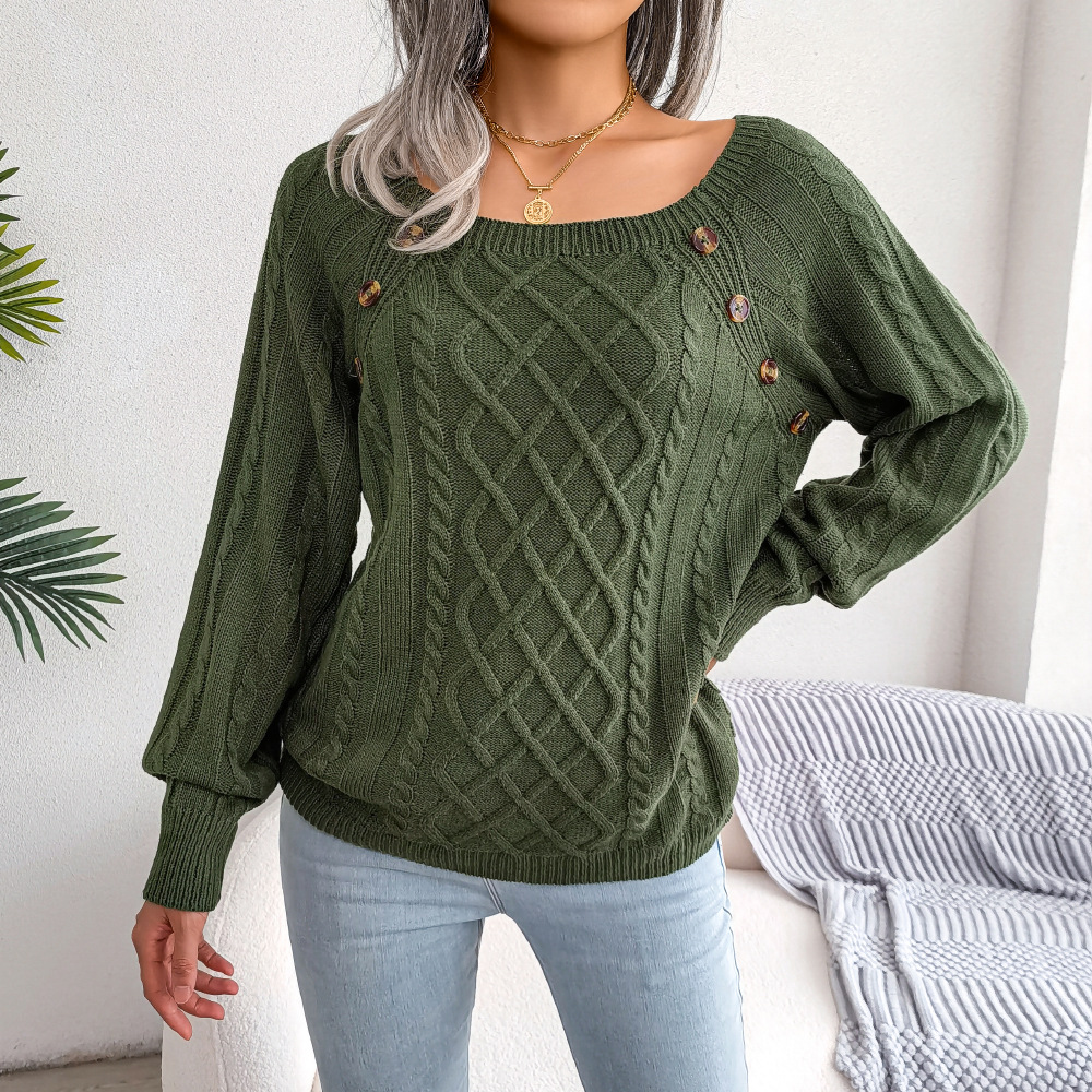 Textured Cable Knit Button Detail Relaxed Fit Sweater