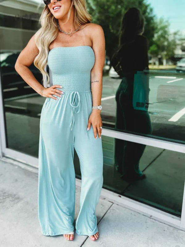 Last Day Promotion 49% OFF💖Off Shoulder Solid Colour Smocked Jumpsuit